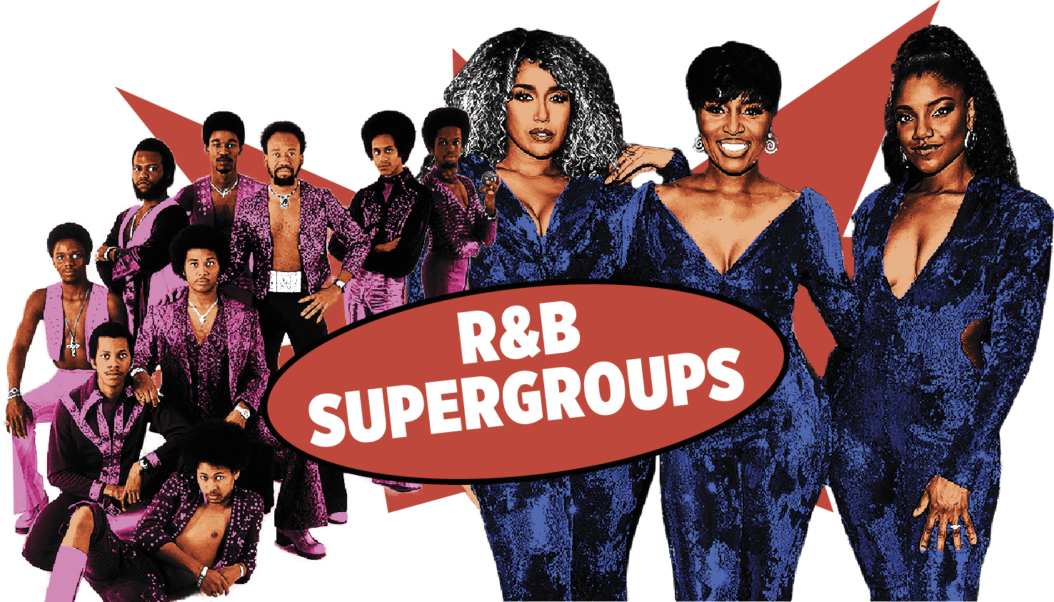 Collage of the Bands Earth,Wind and Fire and The Shindellas with the text R&B Supergroups written