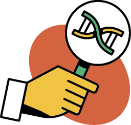 Illustration of a hand holding up a magnifying glass that is zooming into a DNA strand