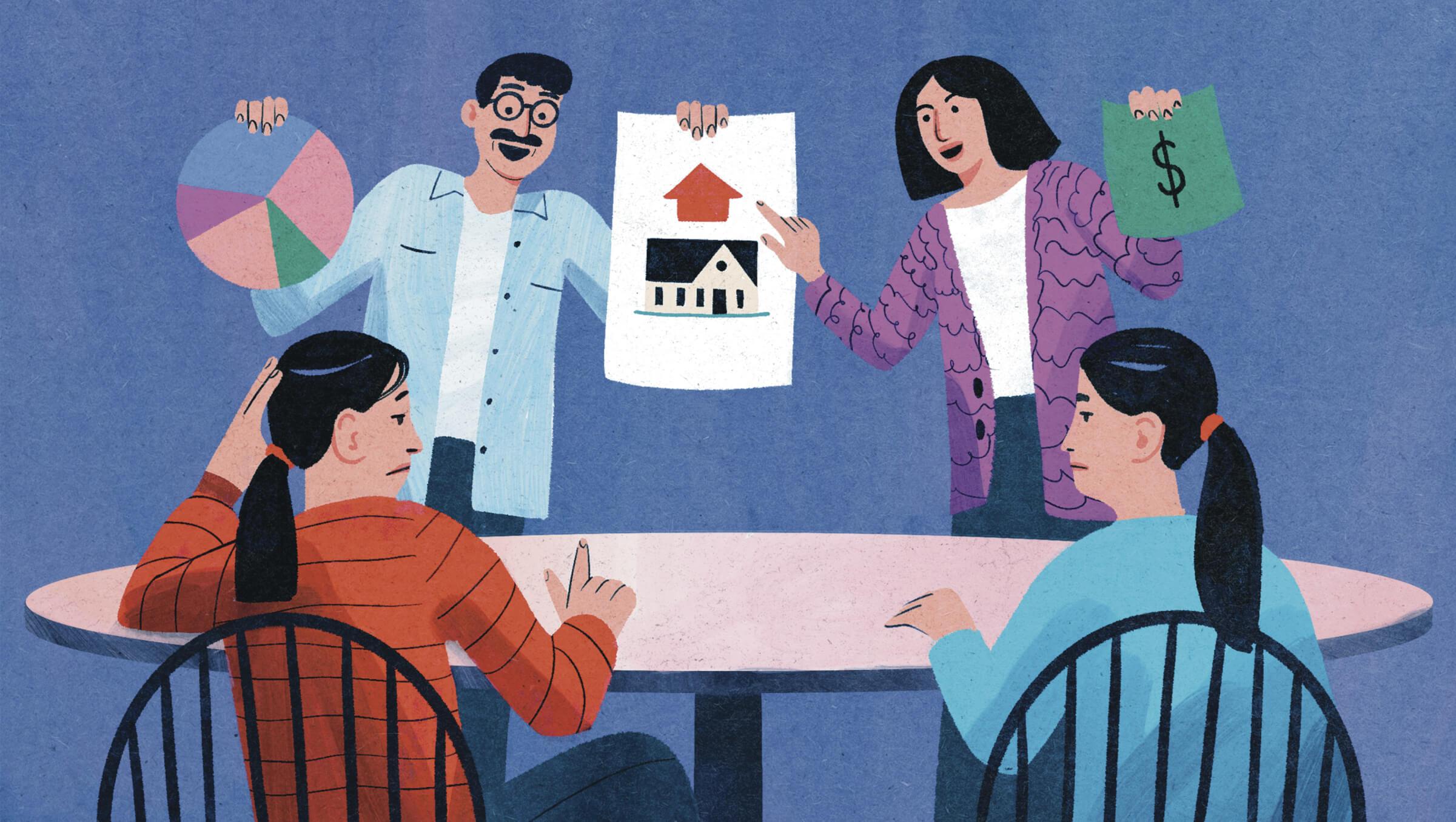An illustration of a family of four, two parents and two children around the dinner table. The parents are holding up simple drawings, the father holds a cutout of a house with an upward-pointing arrow, and the mother holds a cutout of a dollar sign.