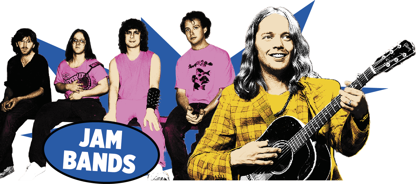 Collage of Phish and Billy Strings with the text Jam bands written 