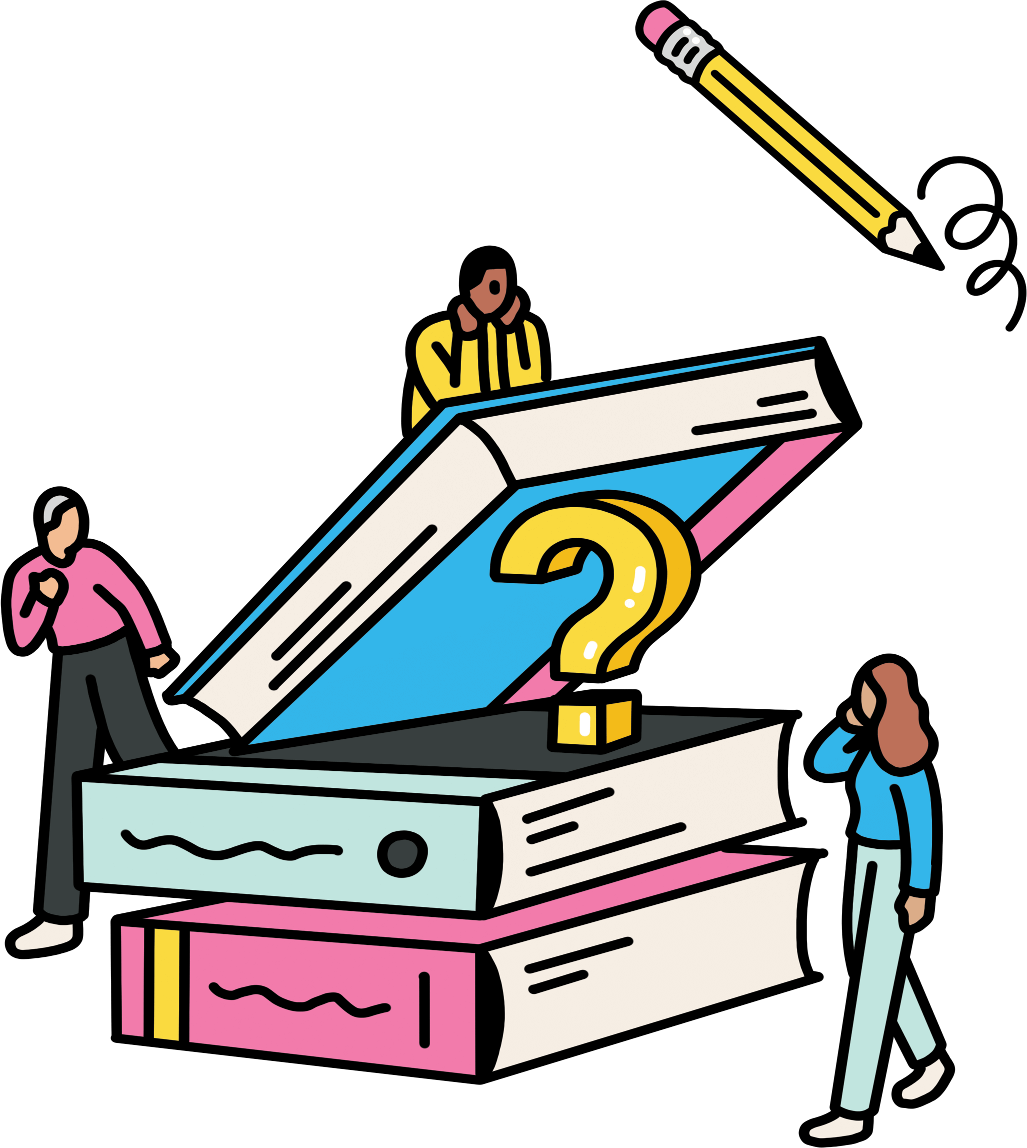 Illustration of a stack of books with a question mark in the middle of the books