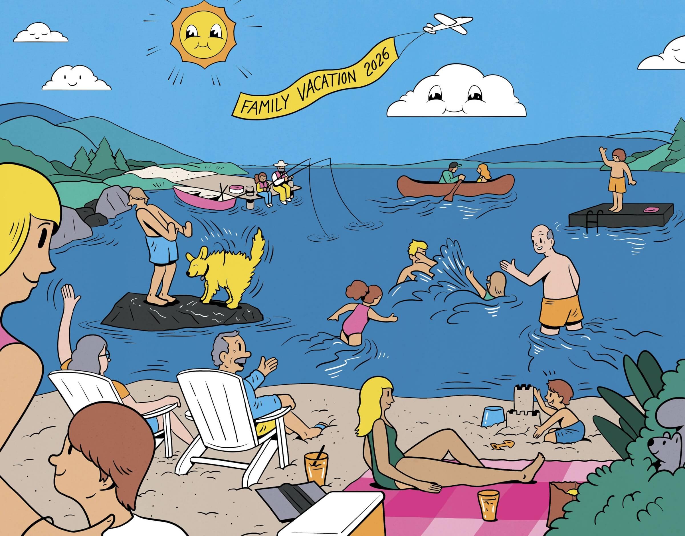 Illustration of a beach with all different age groups enjoying themselves. There are kids building sandcastles, older people sunbathing and some playing in the water 
