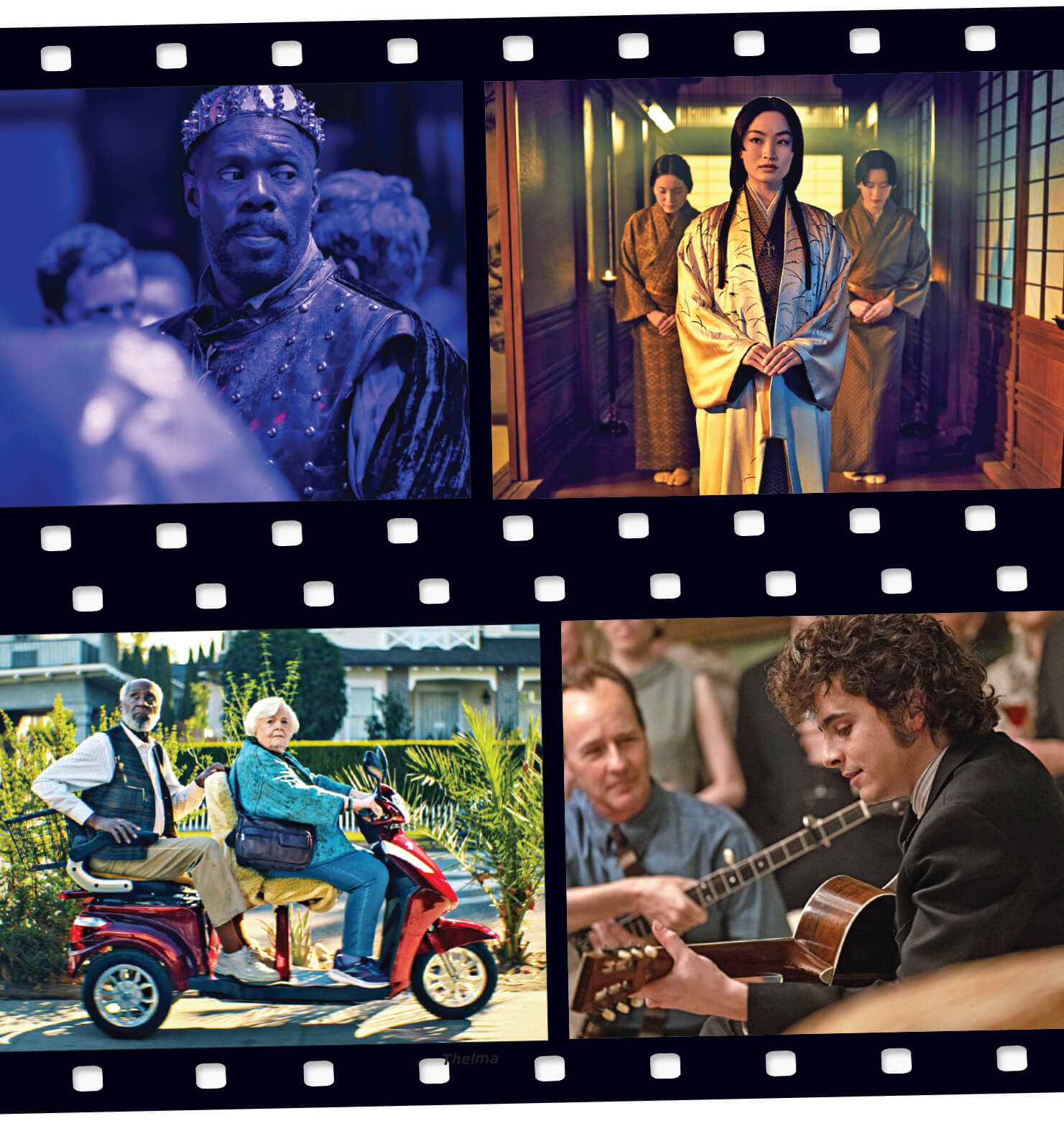 Film strip graphic with stills from the following: Sing Sing, Shogun, Thelma, and A Complete Unknown