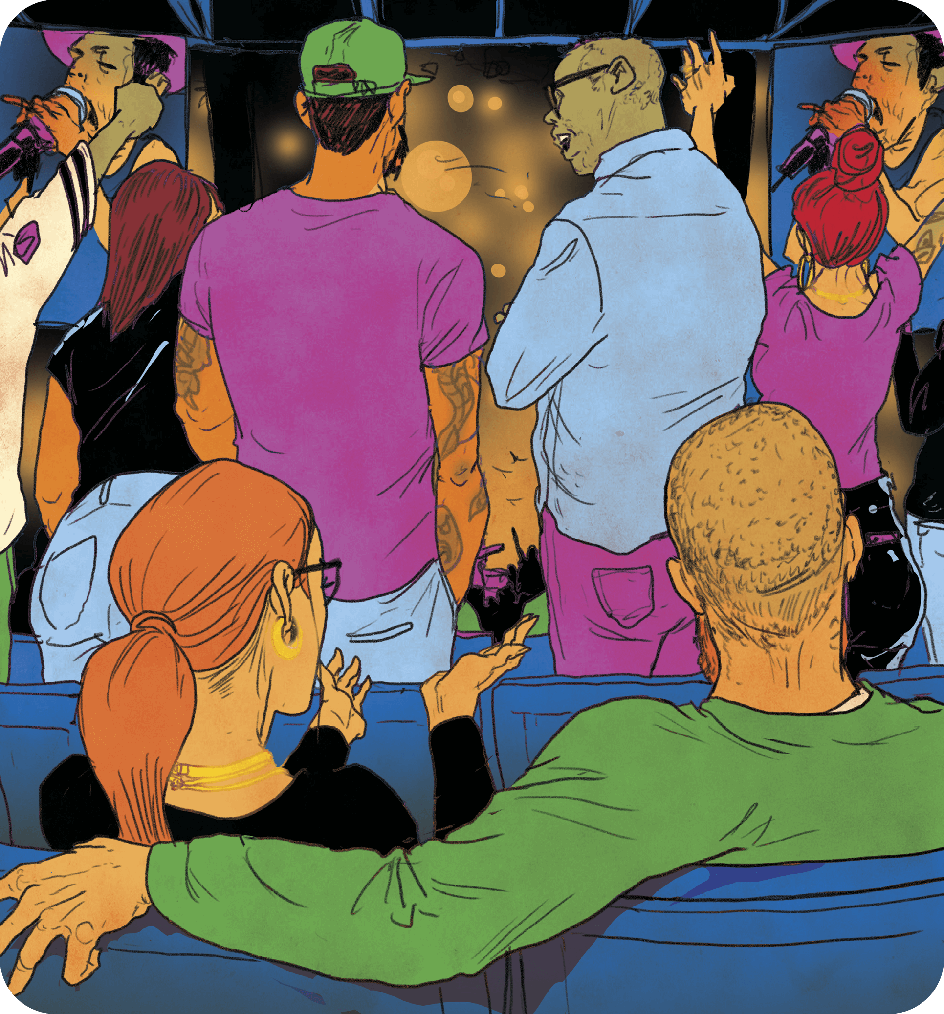 Illustration of a couple sitting at a concert, with a row of people standing up in front of them 