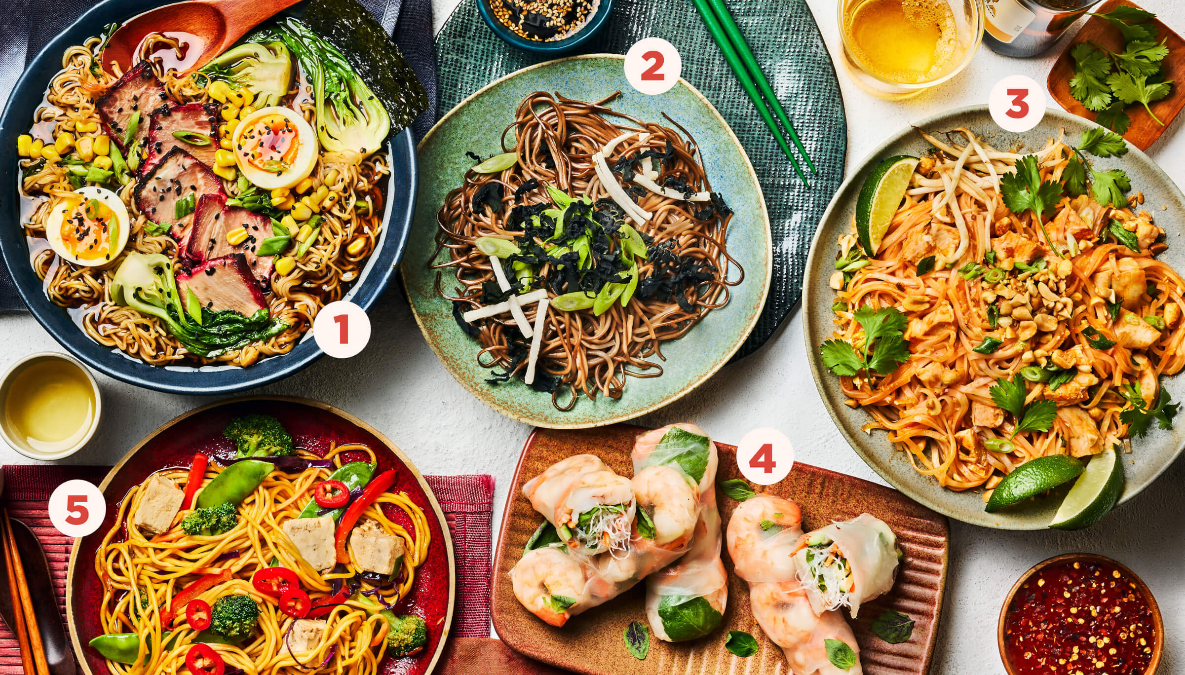 Photo of 5 different plates of noodles