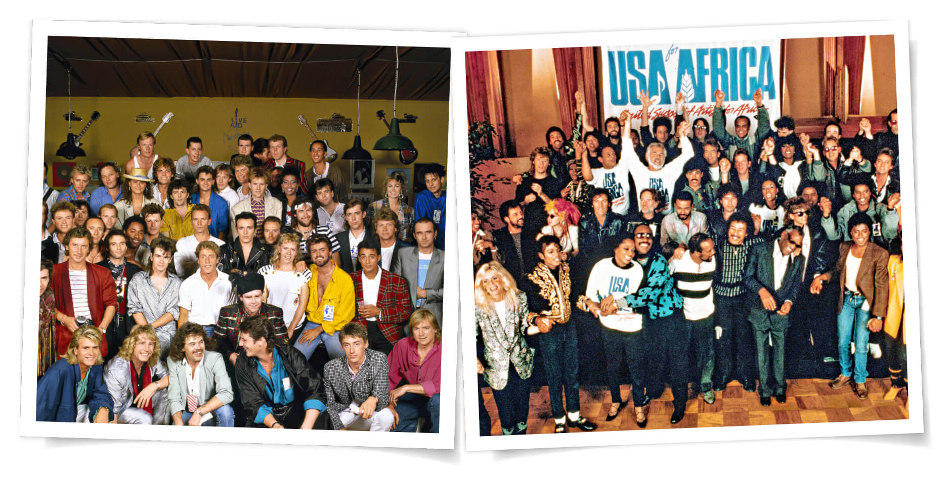 Group photos of famous musicians at the recordings of Do They Know It’s Christmas? and We Are the World.