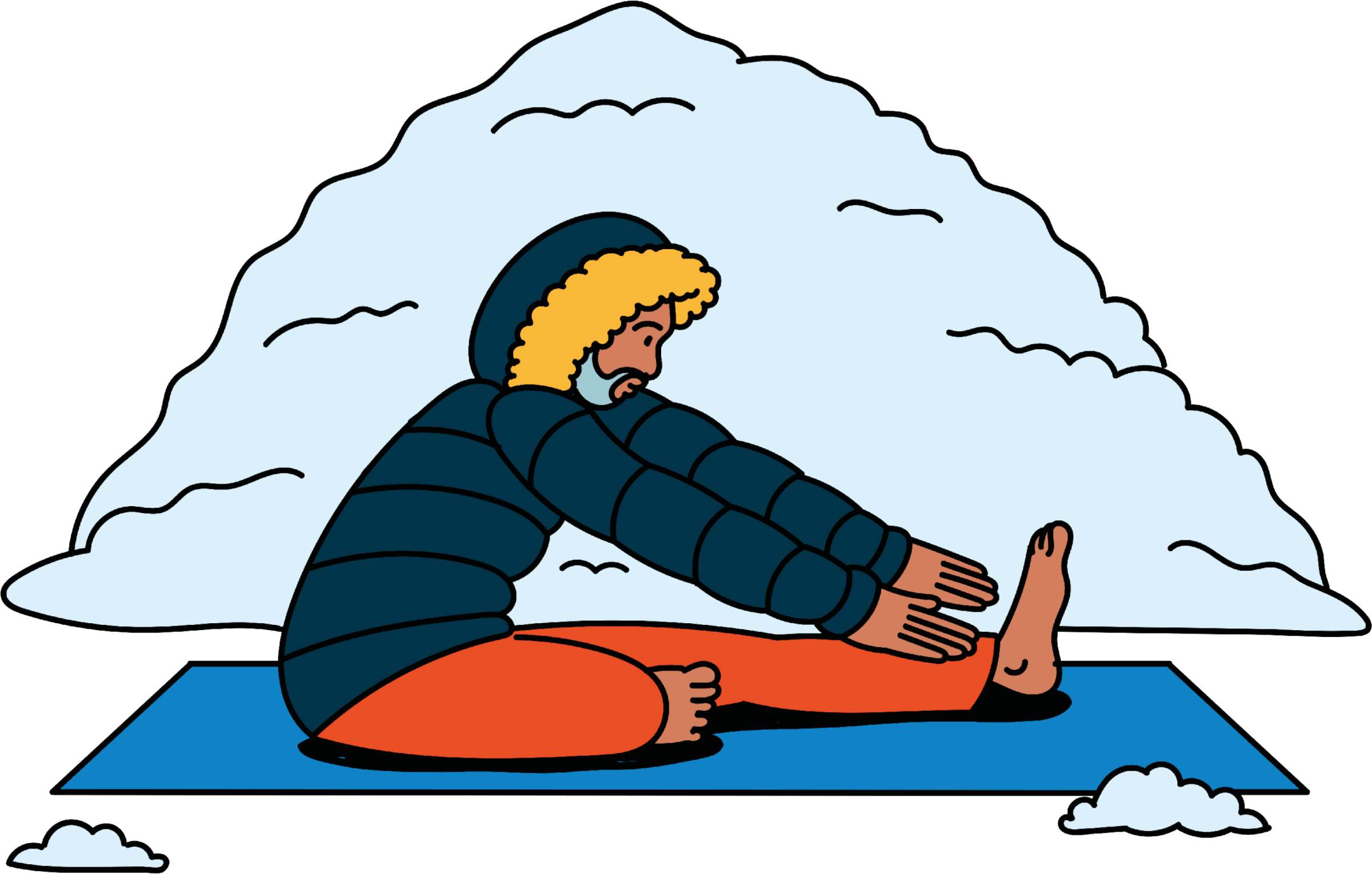 Illustration of a man in a puffer jacket stretching one leg