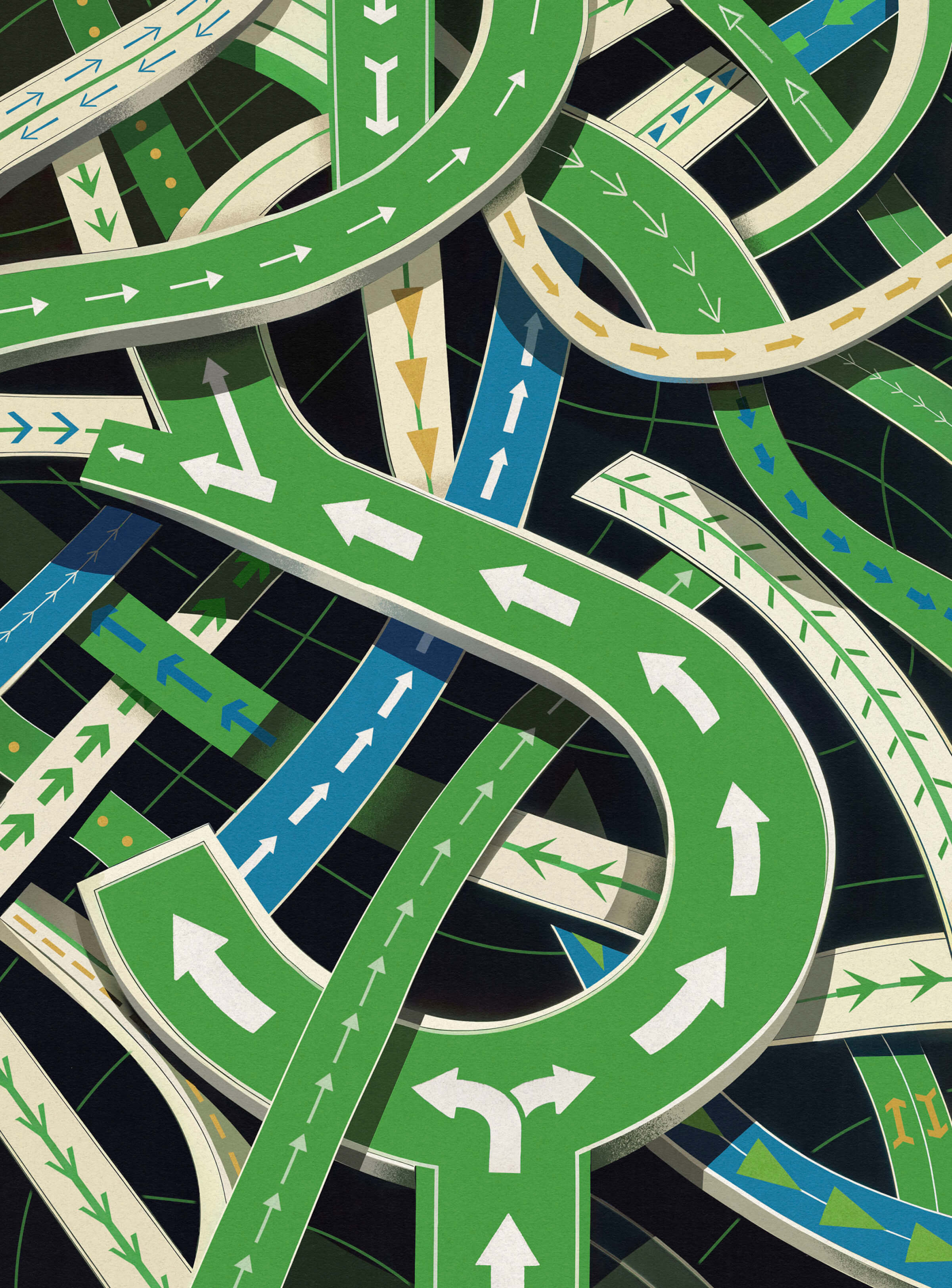 Illustration of highway roads overlapping, the center road is shaped as a dollar sign