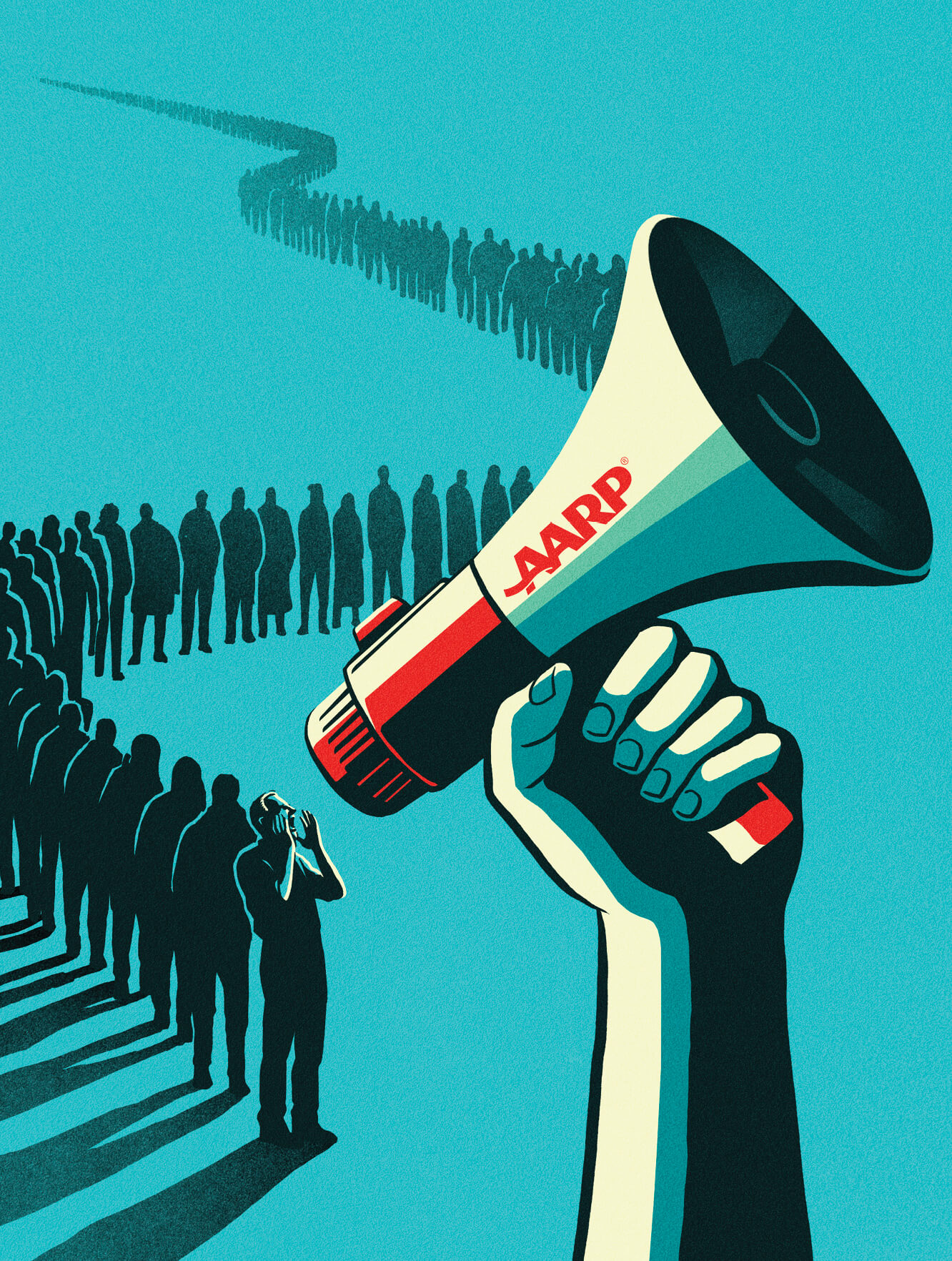 Illustration of a hand holding up an AARP megaphone, a long line of people are walking up to speak through it