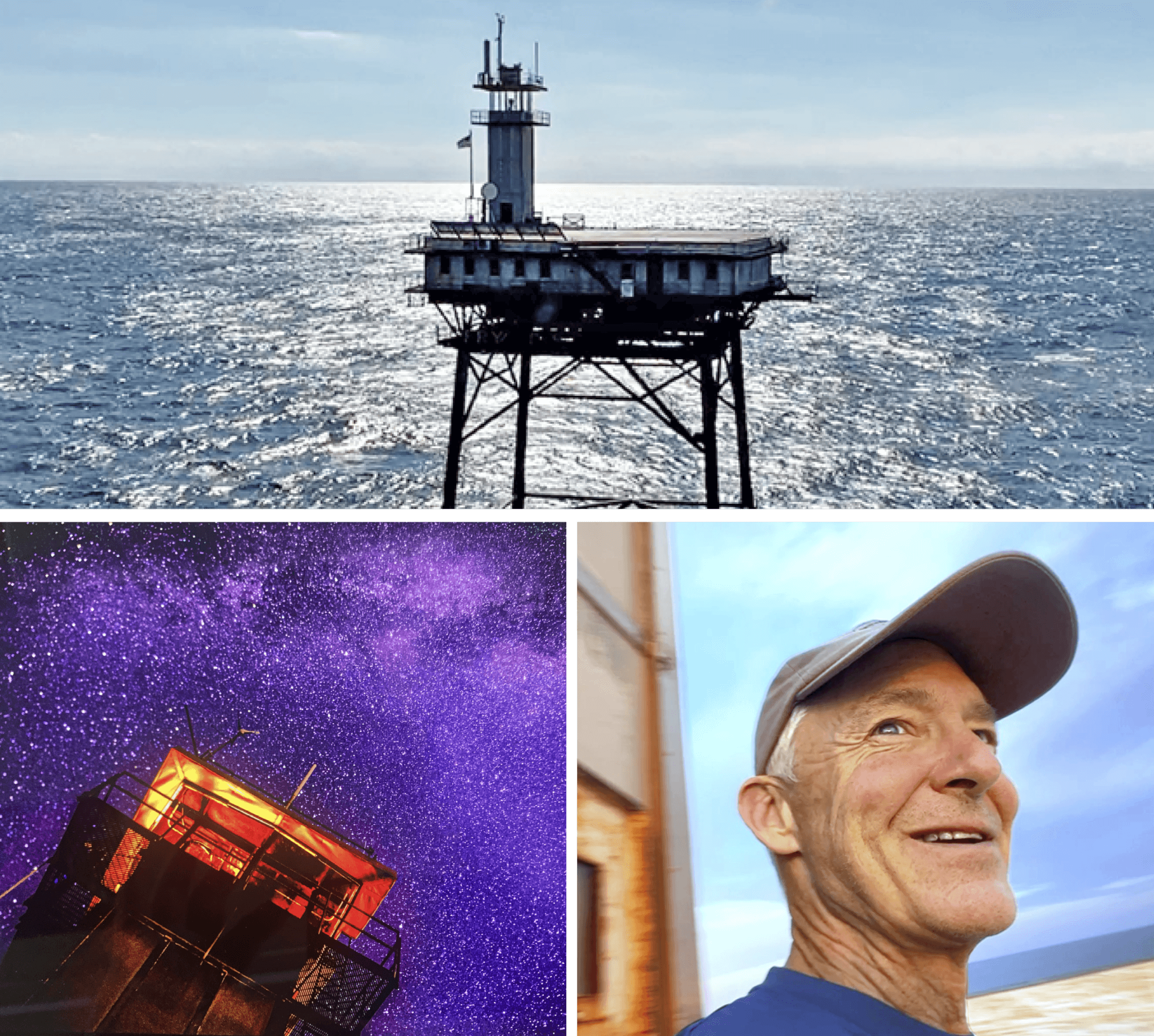 Photo of Frying Pan Tower during the day and night, portrait of Richard Neal
