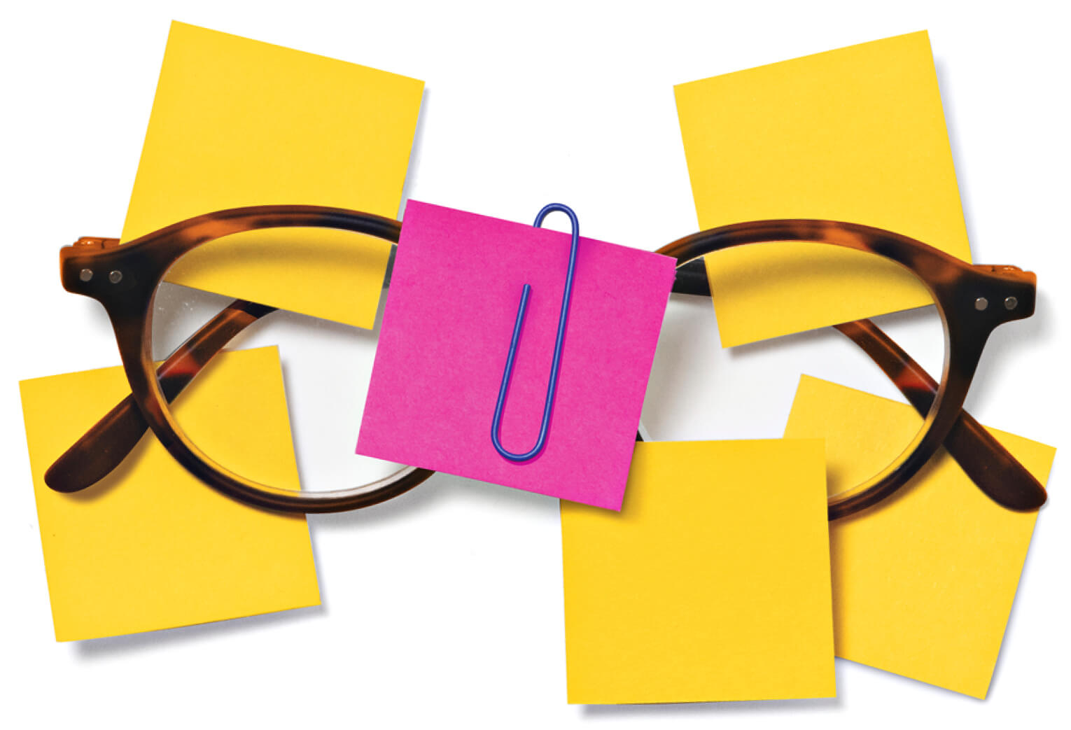 Photo illustration of glasses and Post-it notes