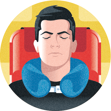 Illustration of man wearing neck pillow