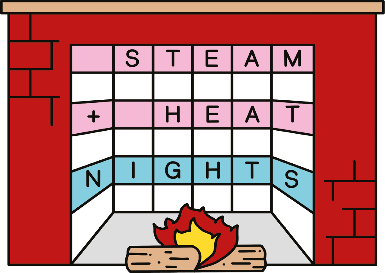 Illustration of a fireplace with the words STEAM, HEAT, and NIGHTS