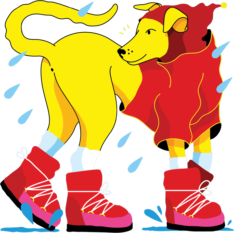 Illustration of a dog wearing a rain jacket and boots in the rain