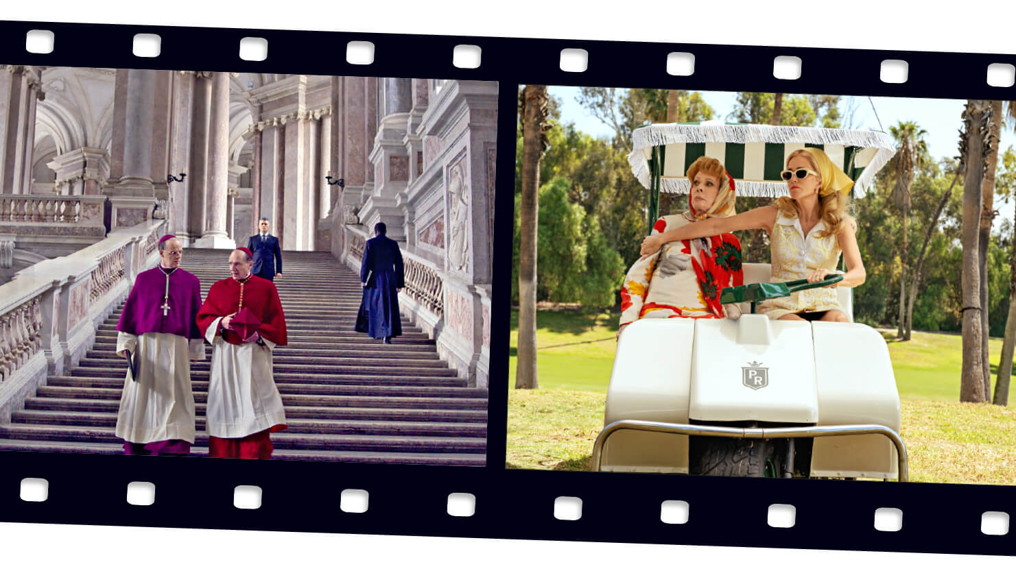 Film strip graphic with stills from Conclave and Palm Royal