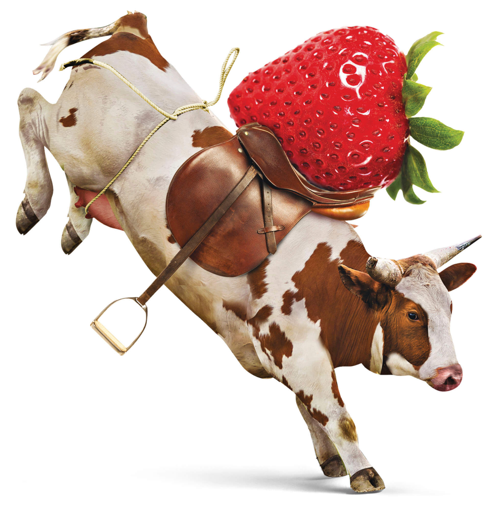 Photo illustration of a cow with a strawberry on it's back