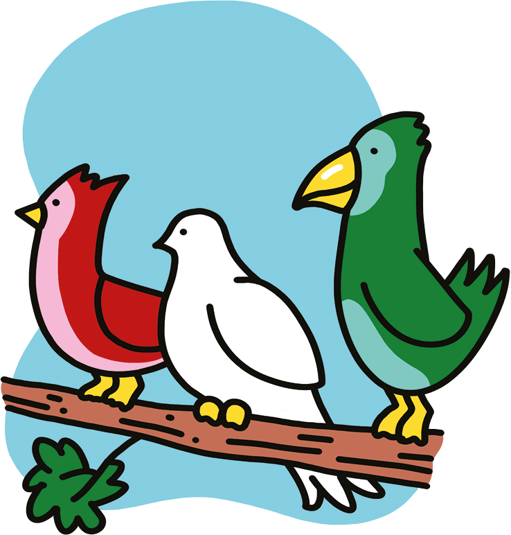 Illustration of three birds on a branch