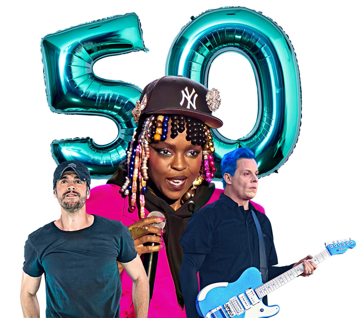 Collage of Enrique Iglesias, Lauryn Hill, and Jack White with a giant blue 50 balloon