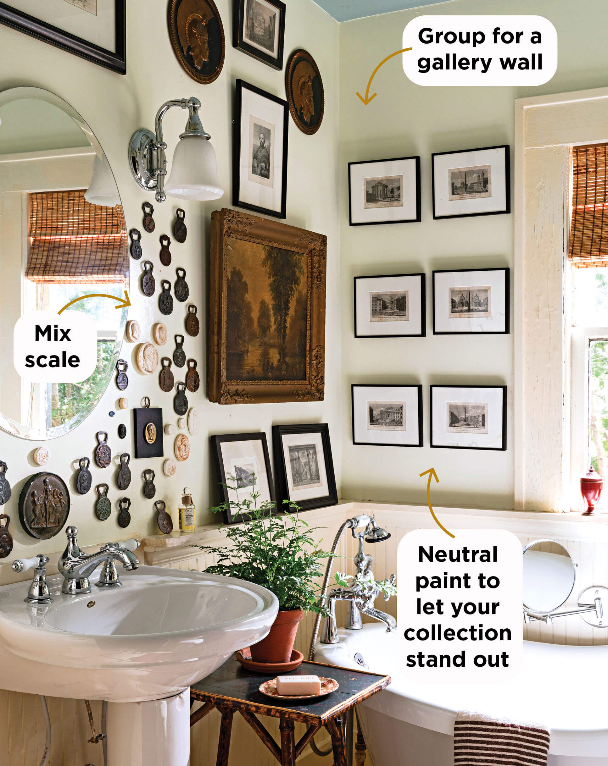 Photo of a bathroom with collected medallions on the wall