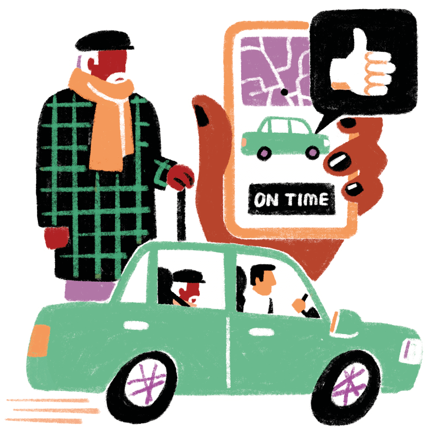 Illustration of an older man being picked up by a driver, a hand is holding a phone tracking the ride