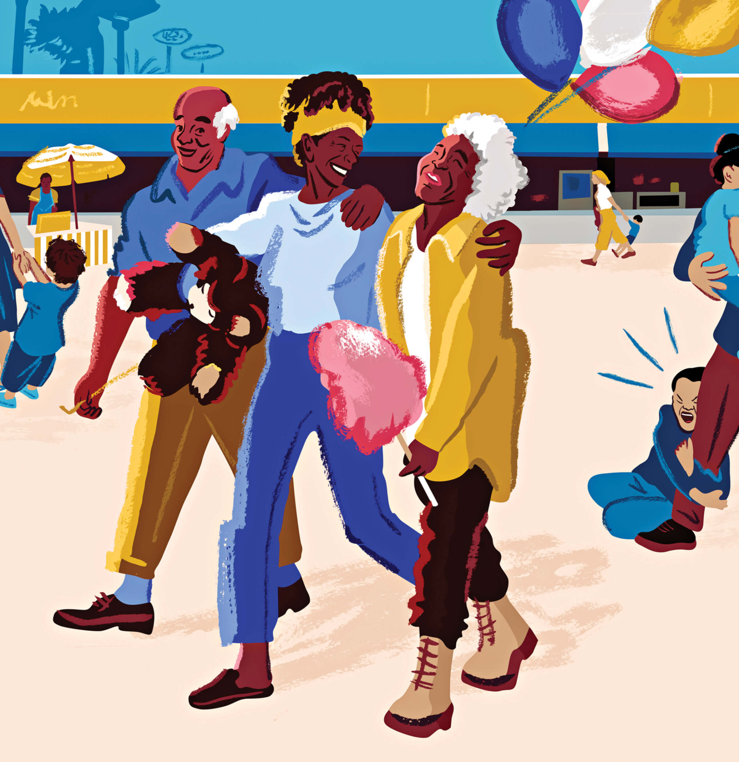 Illustration of a daughter walking and laughing with her mother