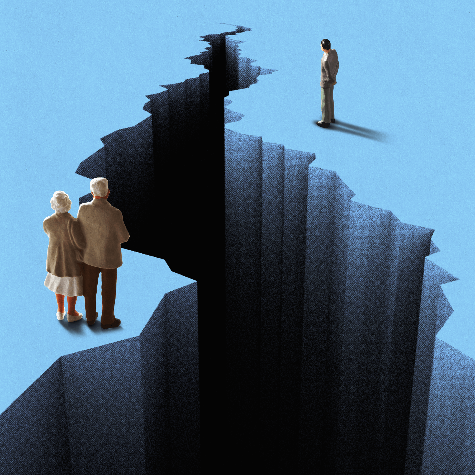 Photo illustration of the ground with a big crack splitting it in half. On one end of the crack is an older couple looking at a younger man far away from them on the other side of the divide.