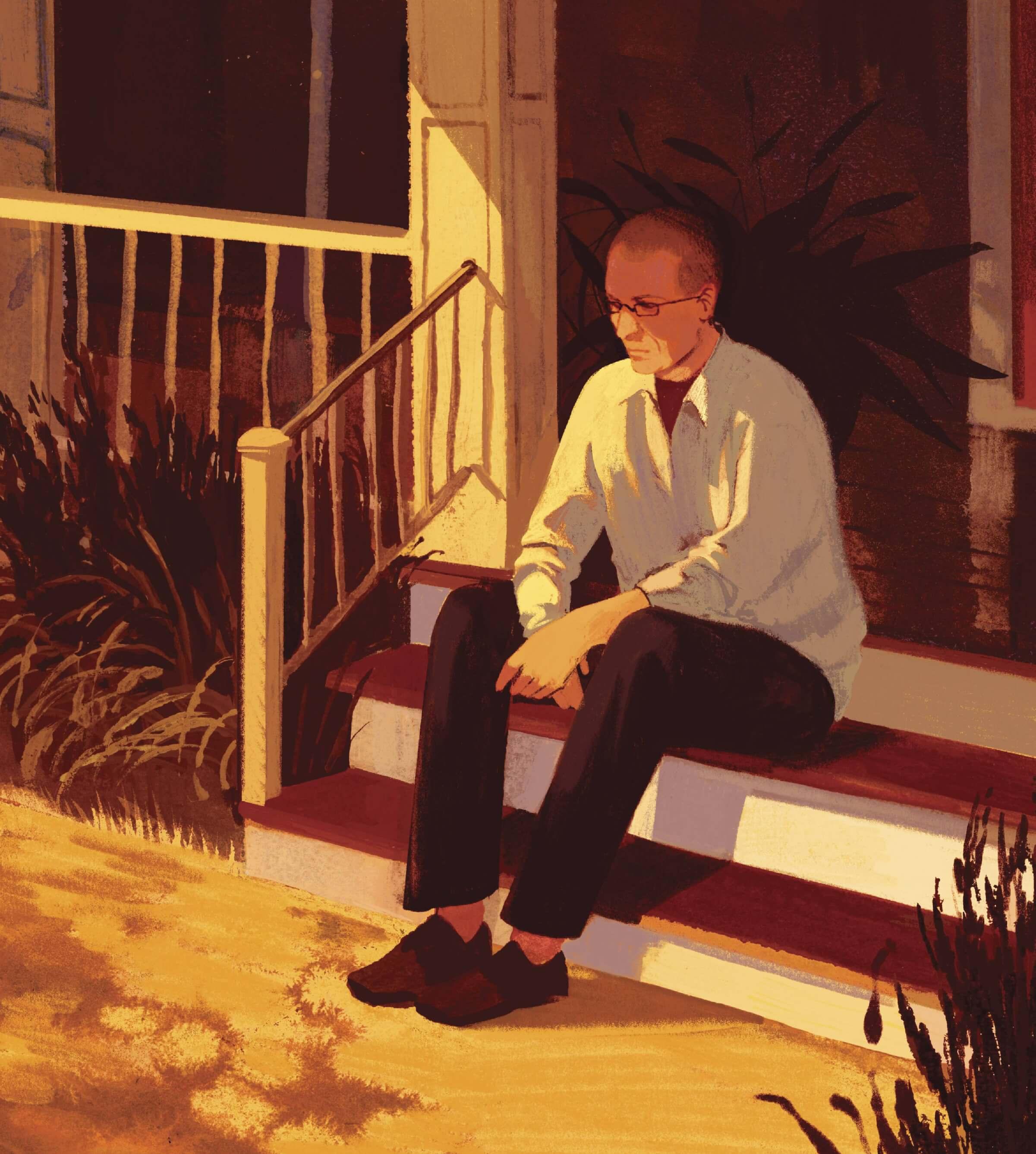 Illustration of a man sitting on the front porch steps and looking at the ground solemnly.