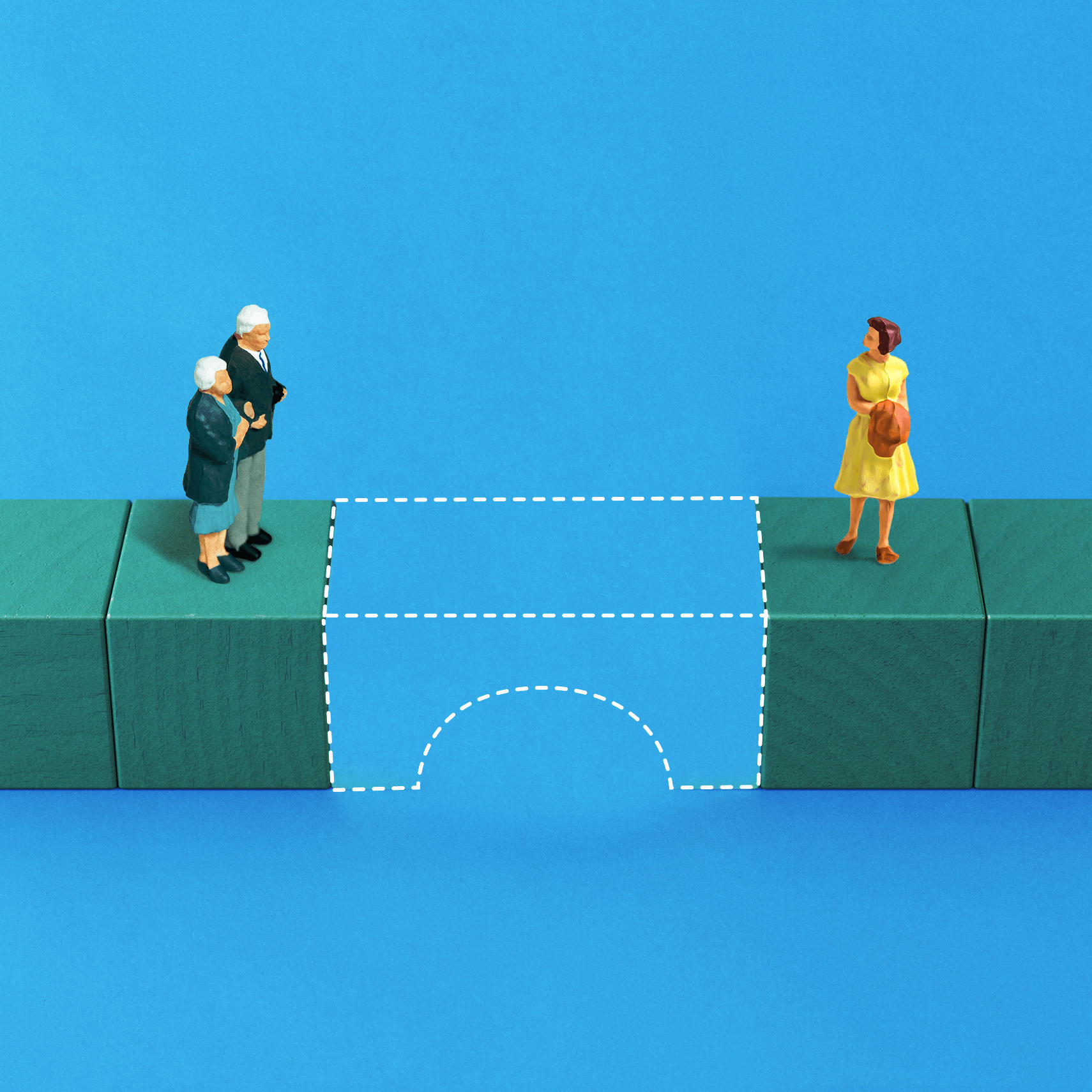 Photo illustration of a path made of block with the central bridge element missing. On one side of this is an older couple and on the other is a younger woman looking at them.