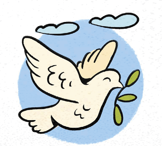 Illustration of a white dove flying and an olive branch in its beak