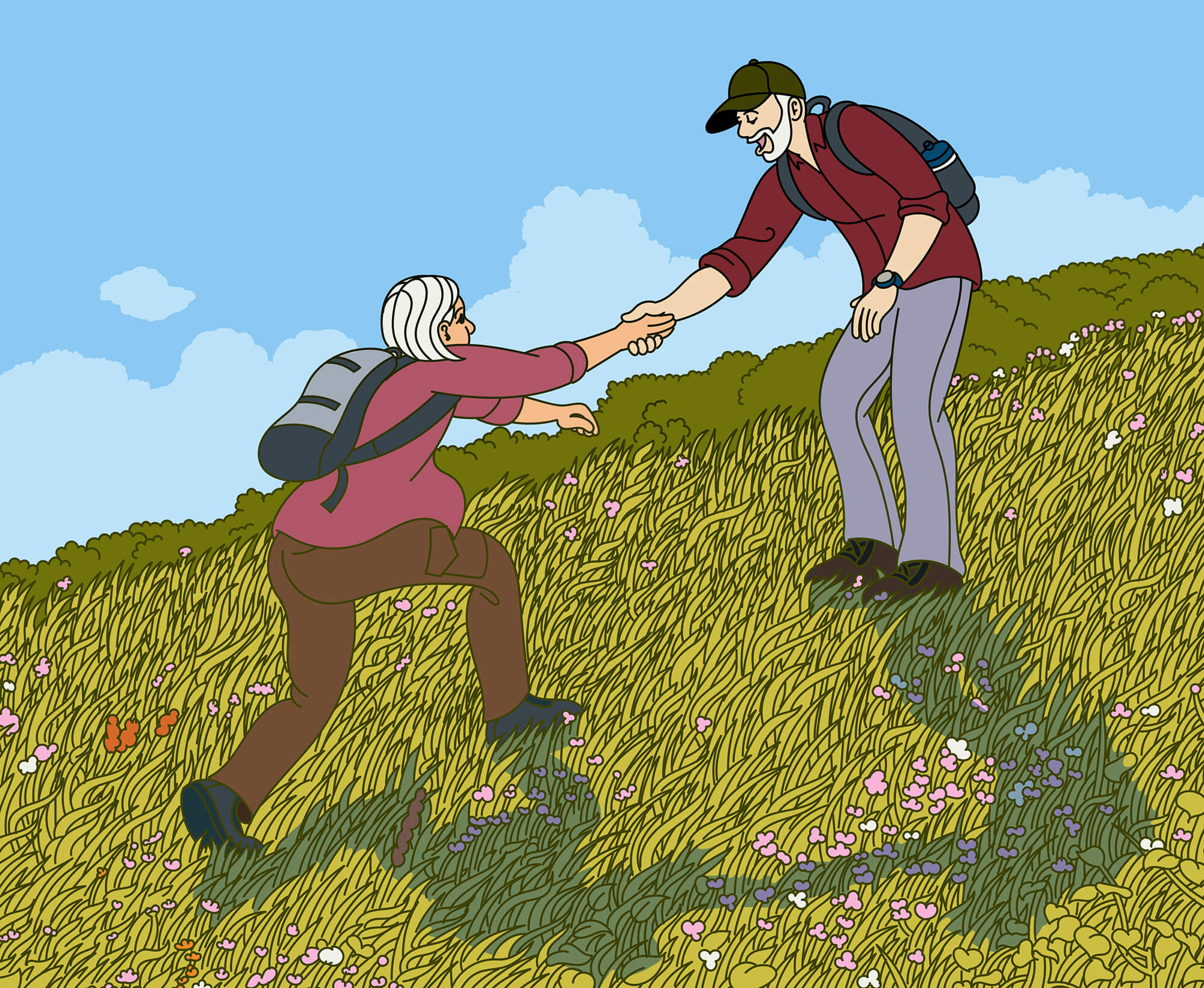 Illustration of an older man and woman walking up a steep green hill. The man is holding his hand out to help her get to him