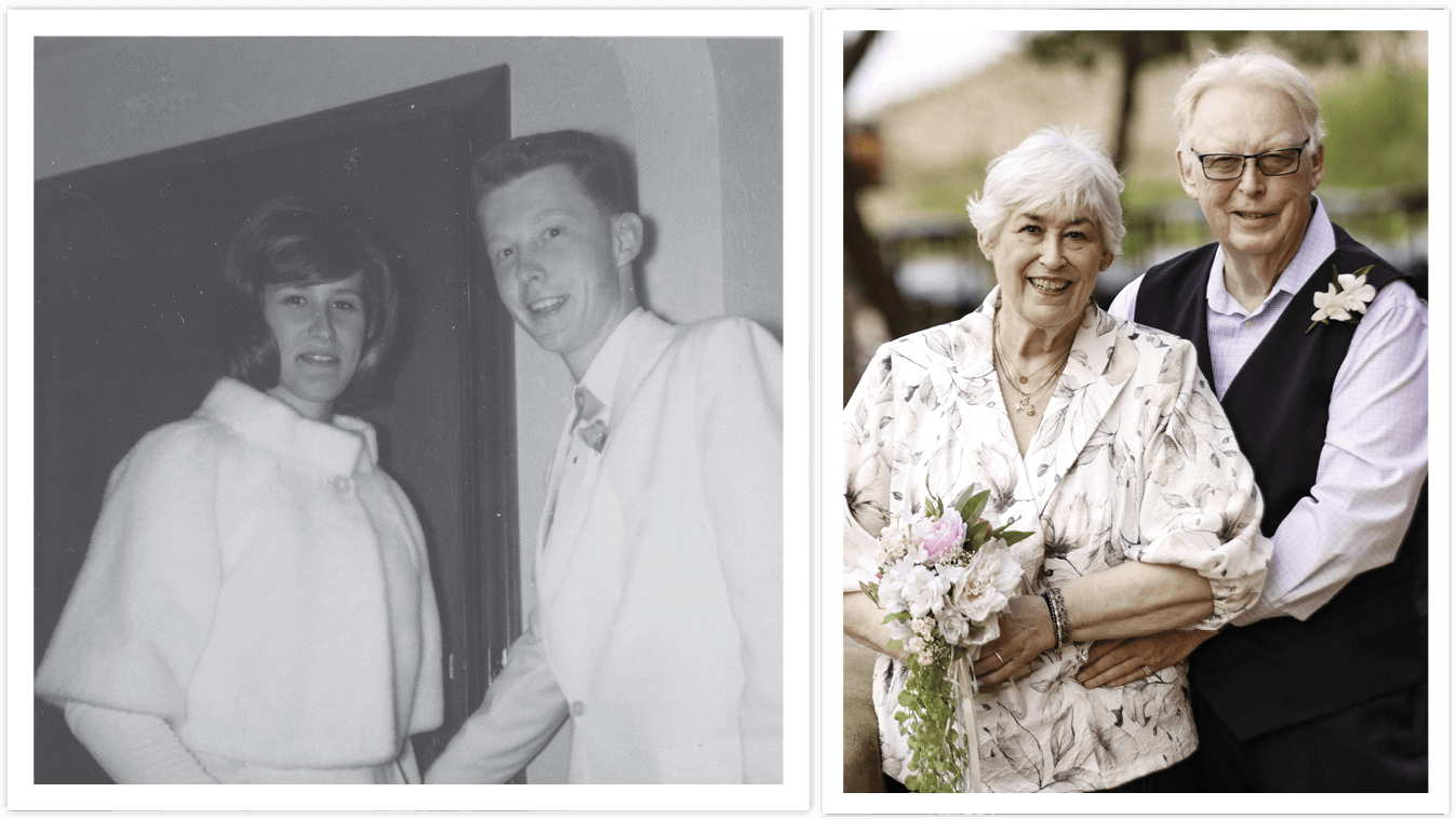 Two images of Judi Mutal and Steve Gove at their 1964 prom, and their 2025 wedding.