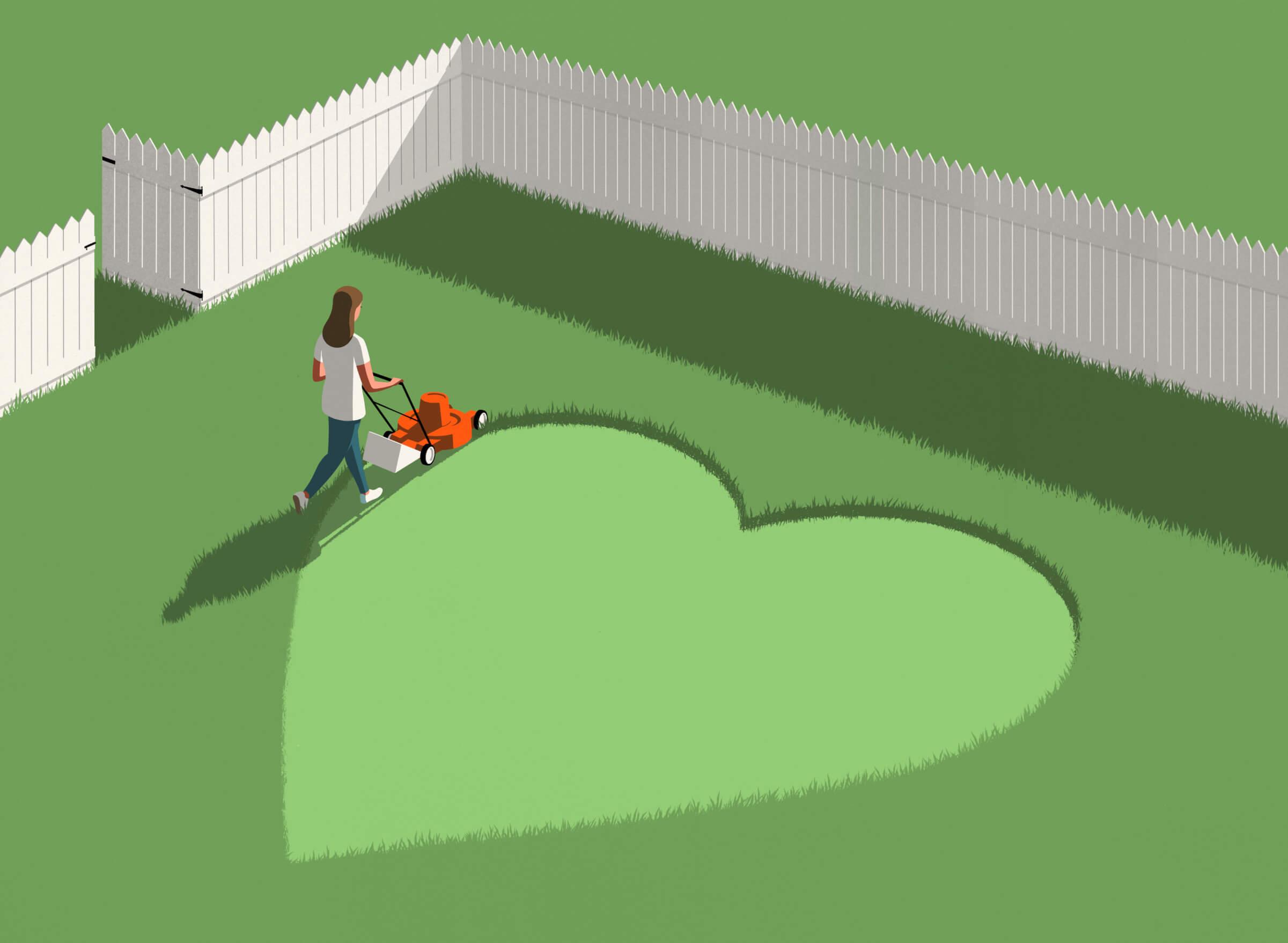 Illustration of a woman mowing the lawn in the shape of a heart.