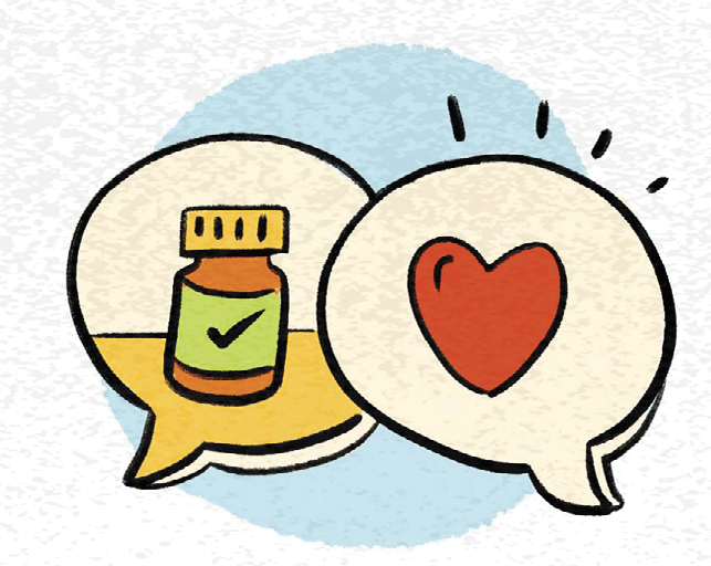 Illustration of two message bubbles. One with a heart and the other with a bottle of medicine.