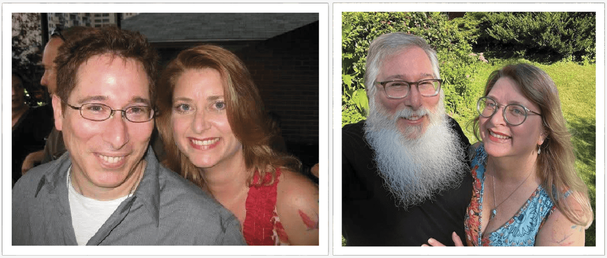 Two images of Geoffrey Miller and Janet Galope at their 2009 high school reunion and then in 2025