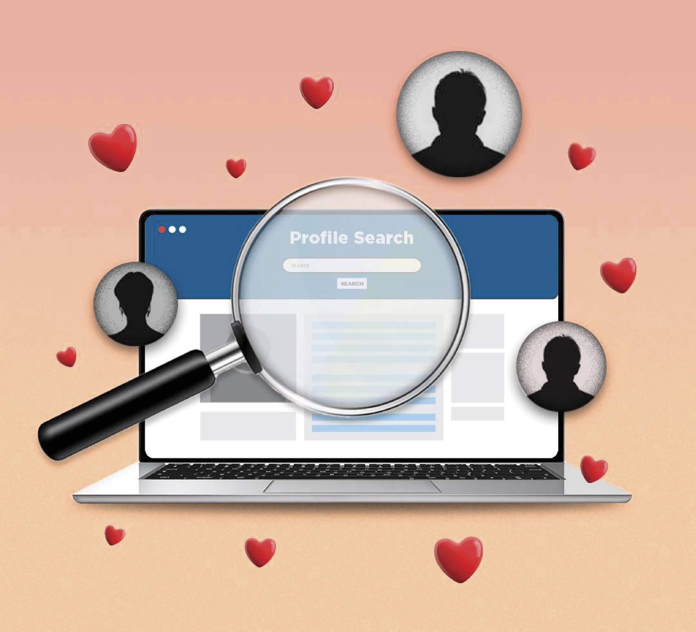 A photo collage of a computer screen with a magnifying glass highlighting the text on the screen that says “Profile Search”. The Text over the image says “Searching for a past love”.