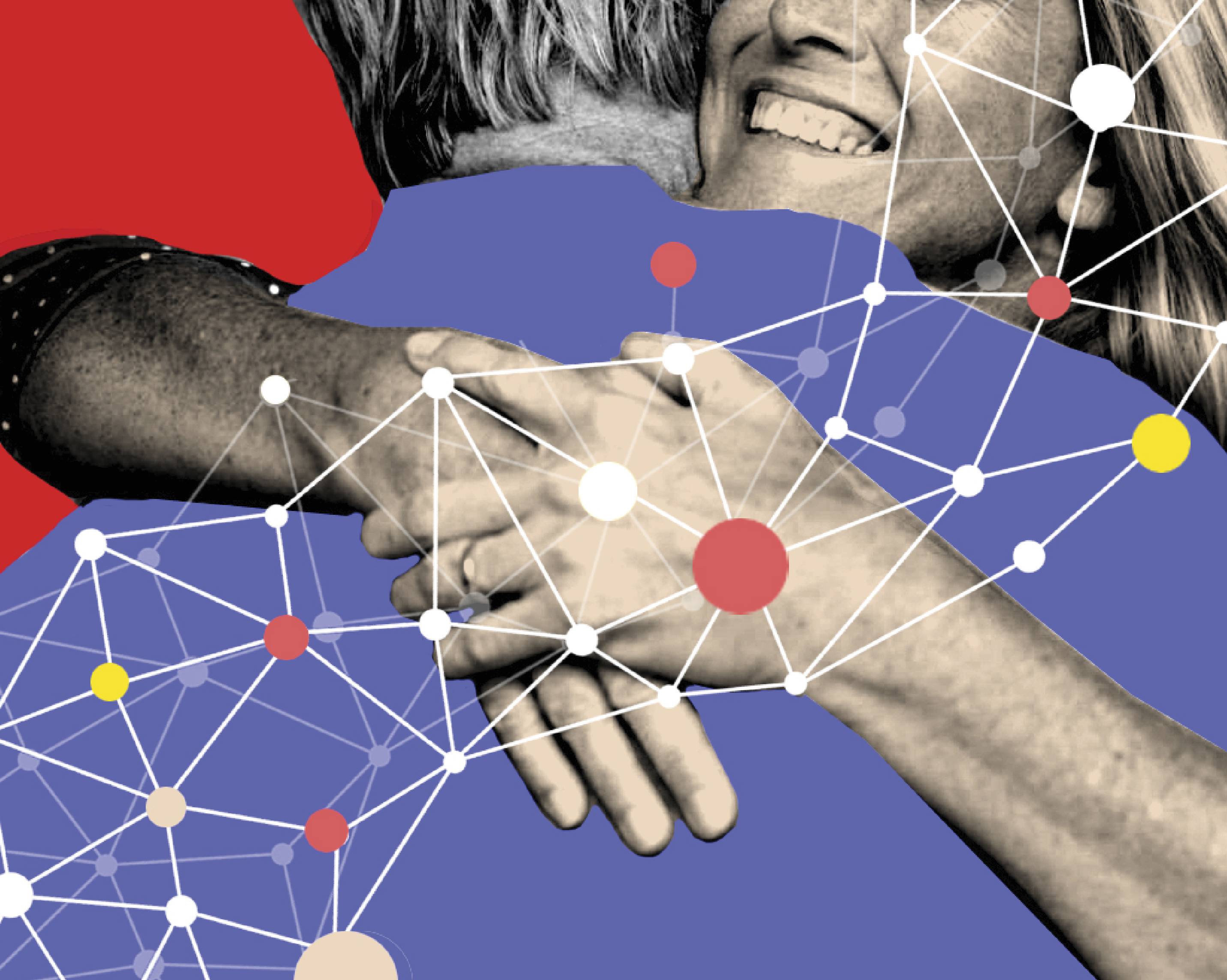 A photo collage of a man and woman hugging and smiling. Strands of DNA like structures connect them and run across the collage.