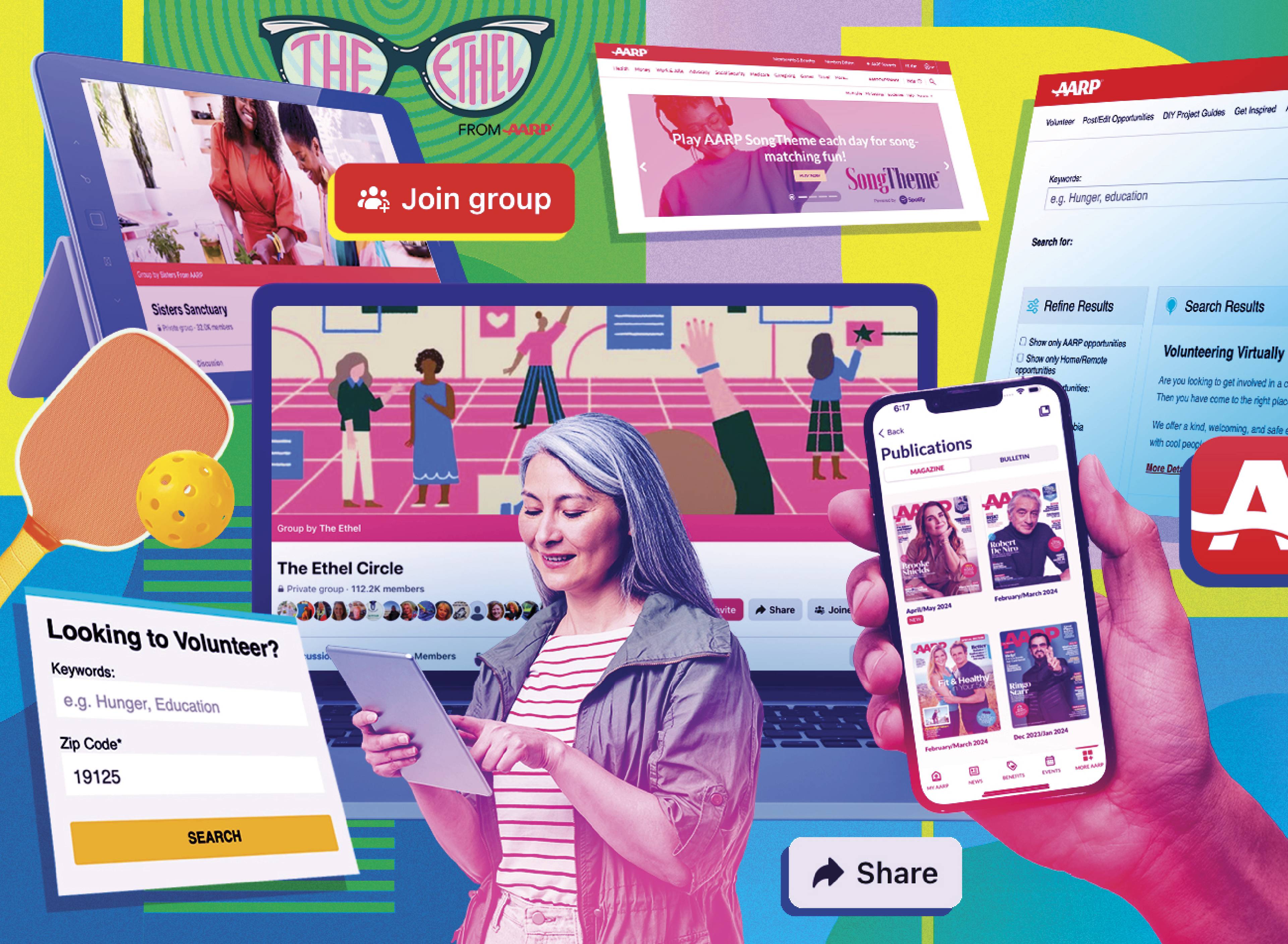 Photocollage of screenshots of various AARP offered services