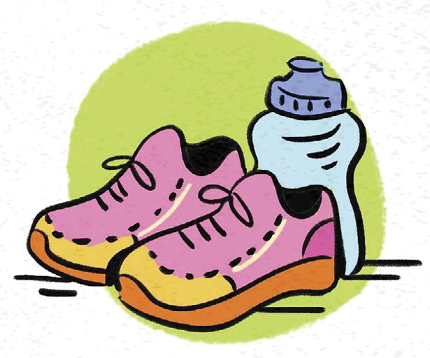 Illustration of a pair of shoes and a bottle of water
