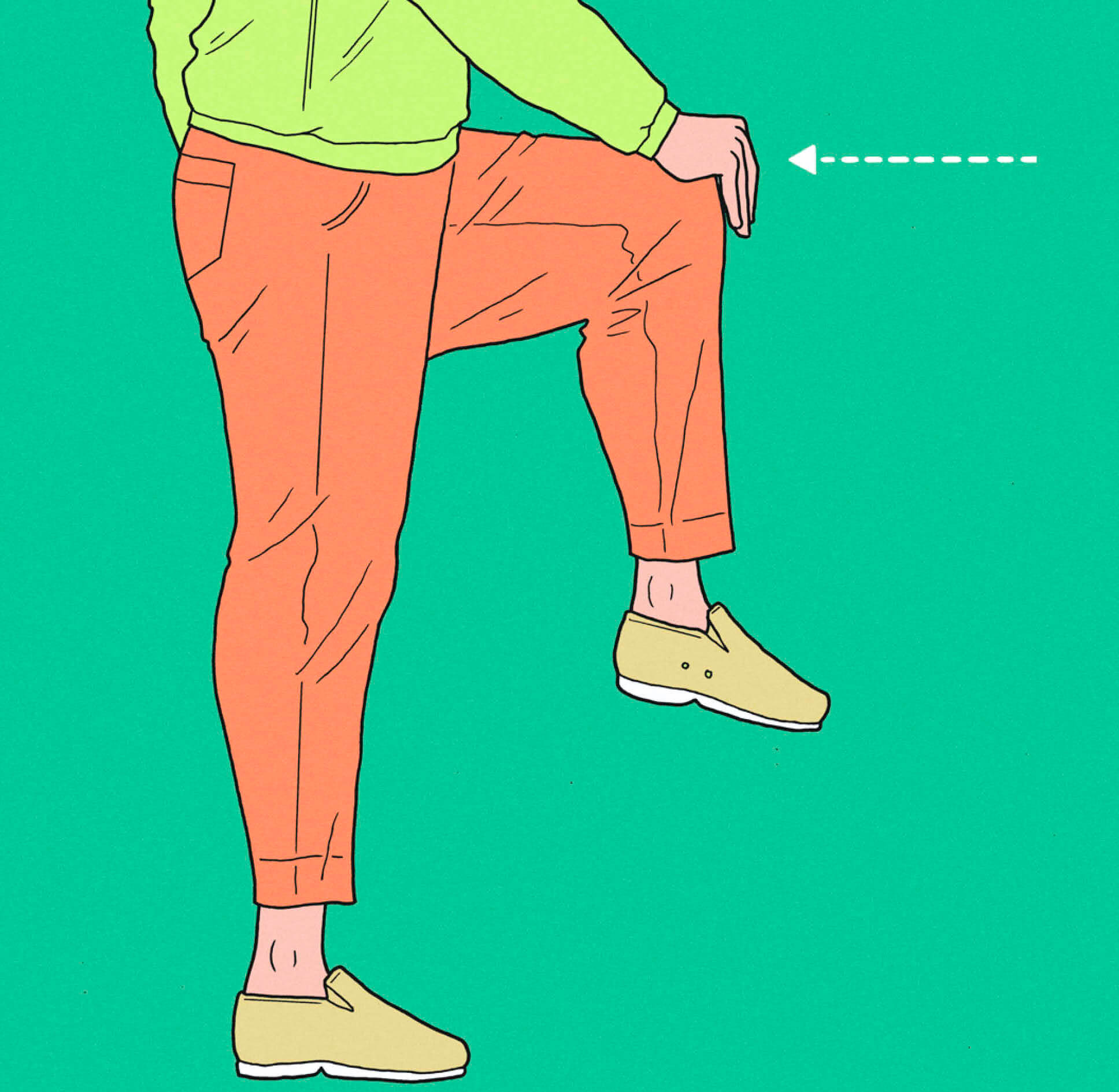 Illustration of a person with their right hand on their raised left knee