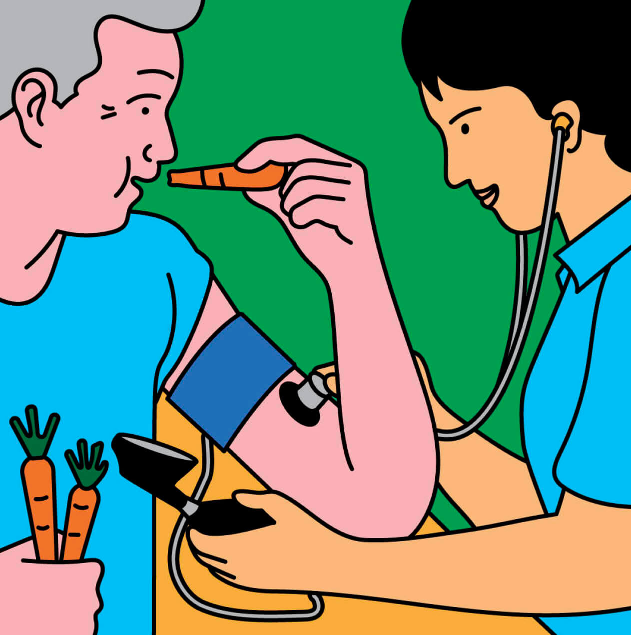 Illustration of a man getting his blood pressure taken while he eats a carrot