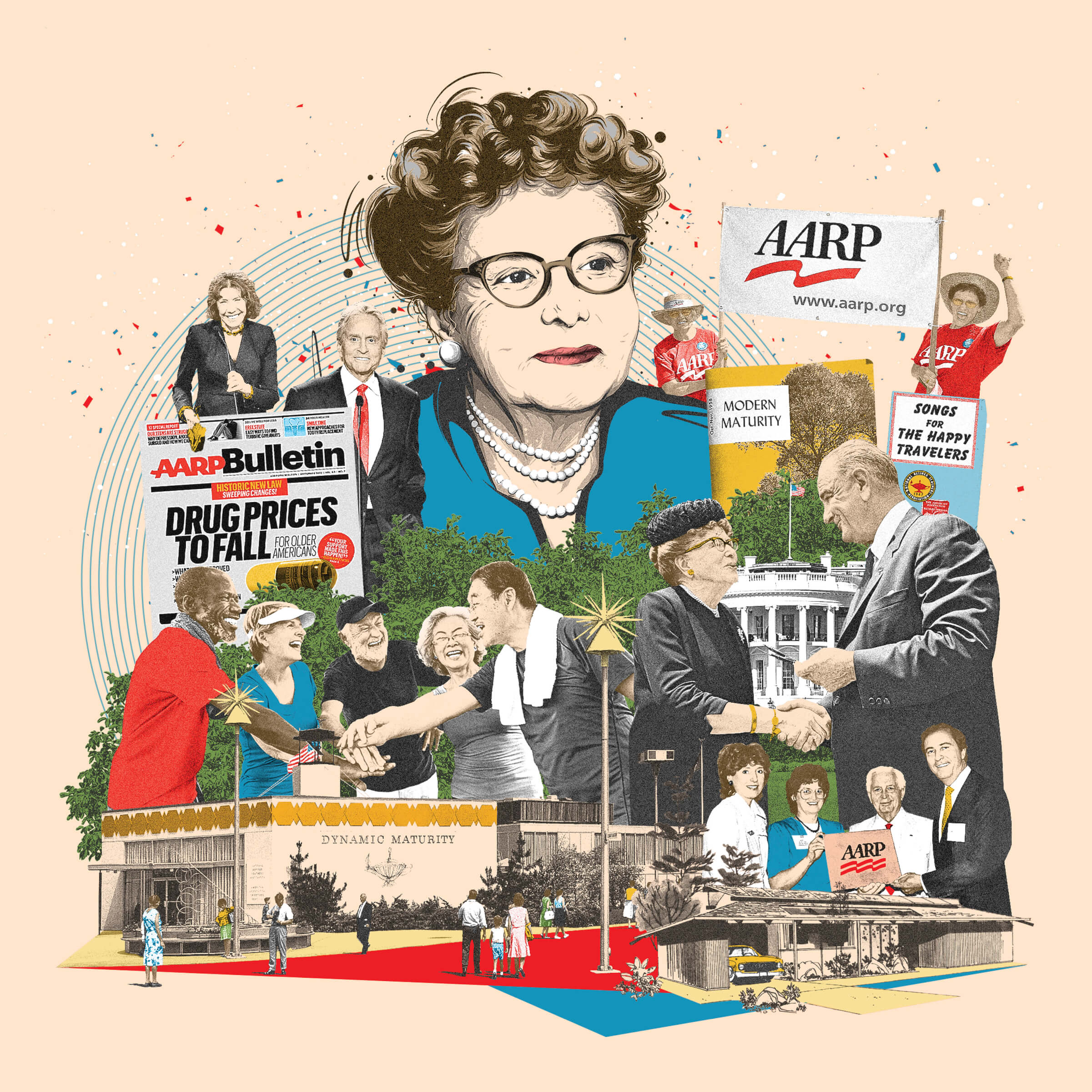 Photo collage illustrating various aspects of AARP's history, including founder Ethel Percy Andrus at the top