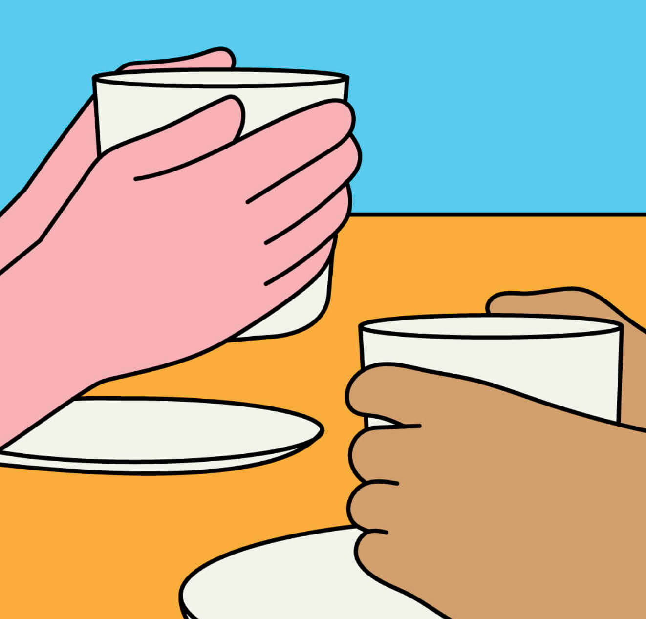 Illustration of two pairs of hands holding coffee mugs near each other