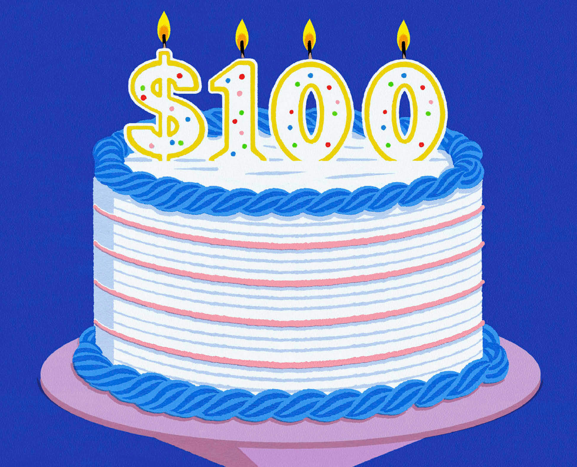 Illustration of a birthday cake with lit candles on top that spell out one hundred dollars