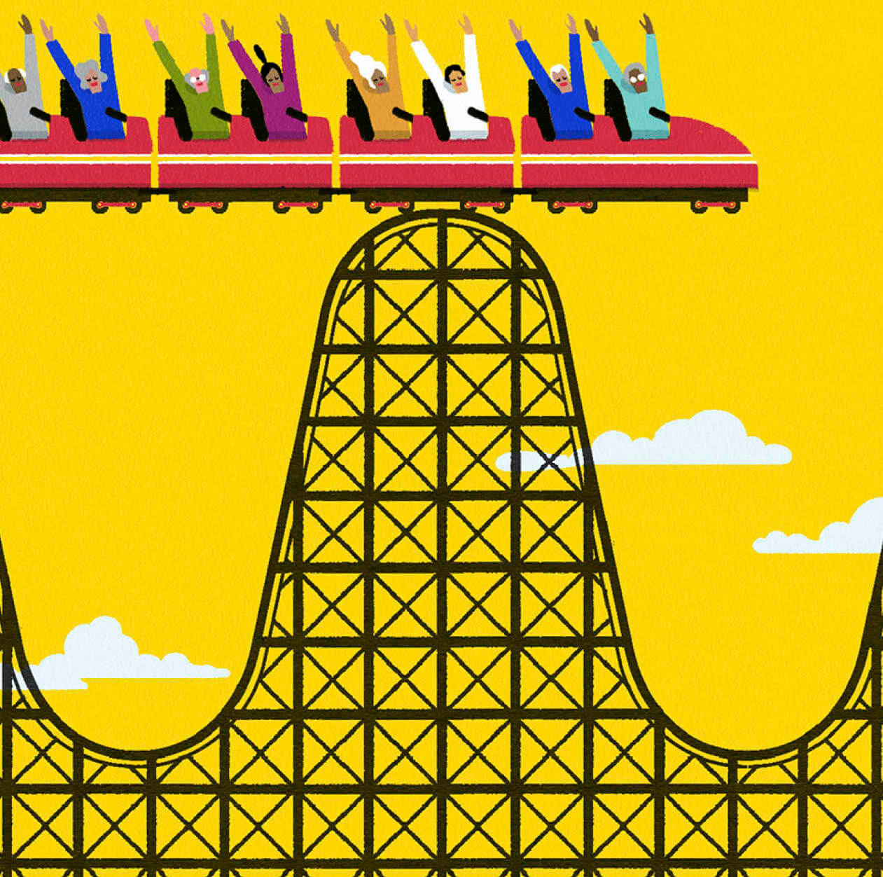 Illustration of people sitting with hands up in a horizontal chain of rollercoaster cars balancing at the top hill of a rollercoaster