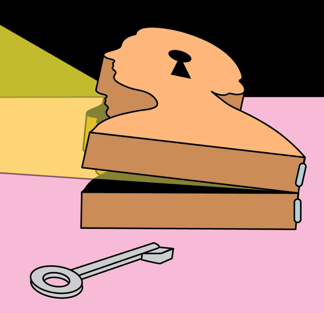 Conceptual illustration of a partially open case in the shape of a human torso, with an empty key hole in the head and a key laying in the foreground in front of it