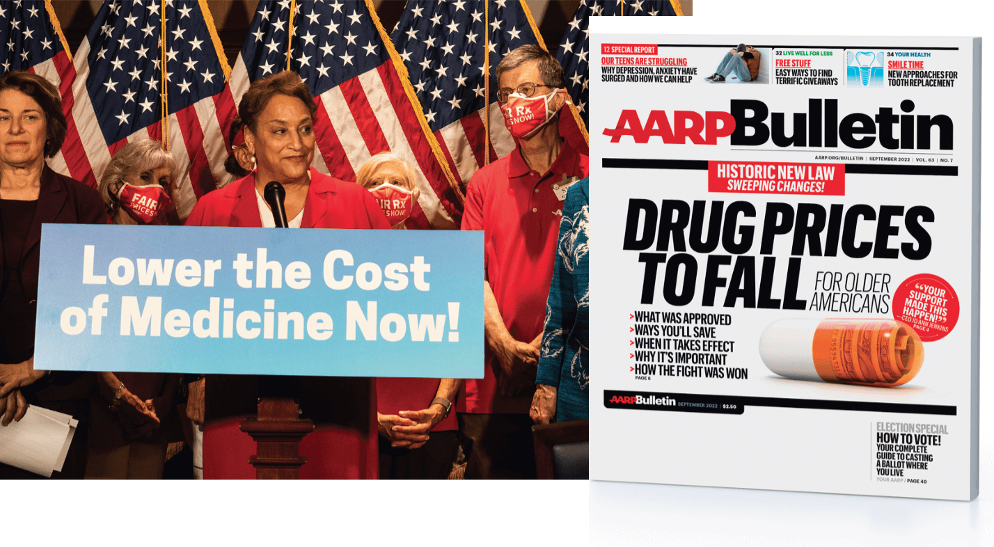 Side by side photos of AARP CEO Jo Ann Jenkins talking about lowering the cost of Medicare and the September 2022 AARP Bulletin cover with the headline DRUG PRICES TO FALL