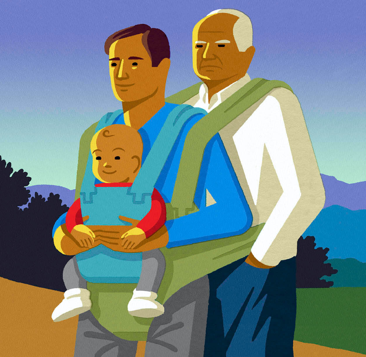 Illustration of a man holding his baby boy with his father standing behind him