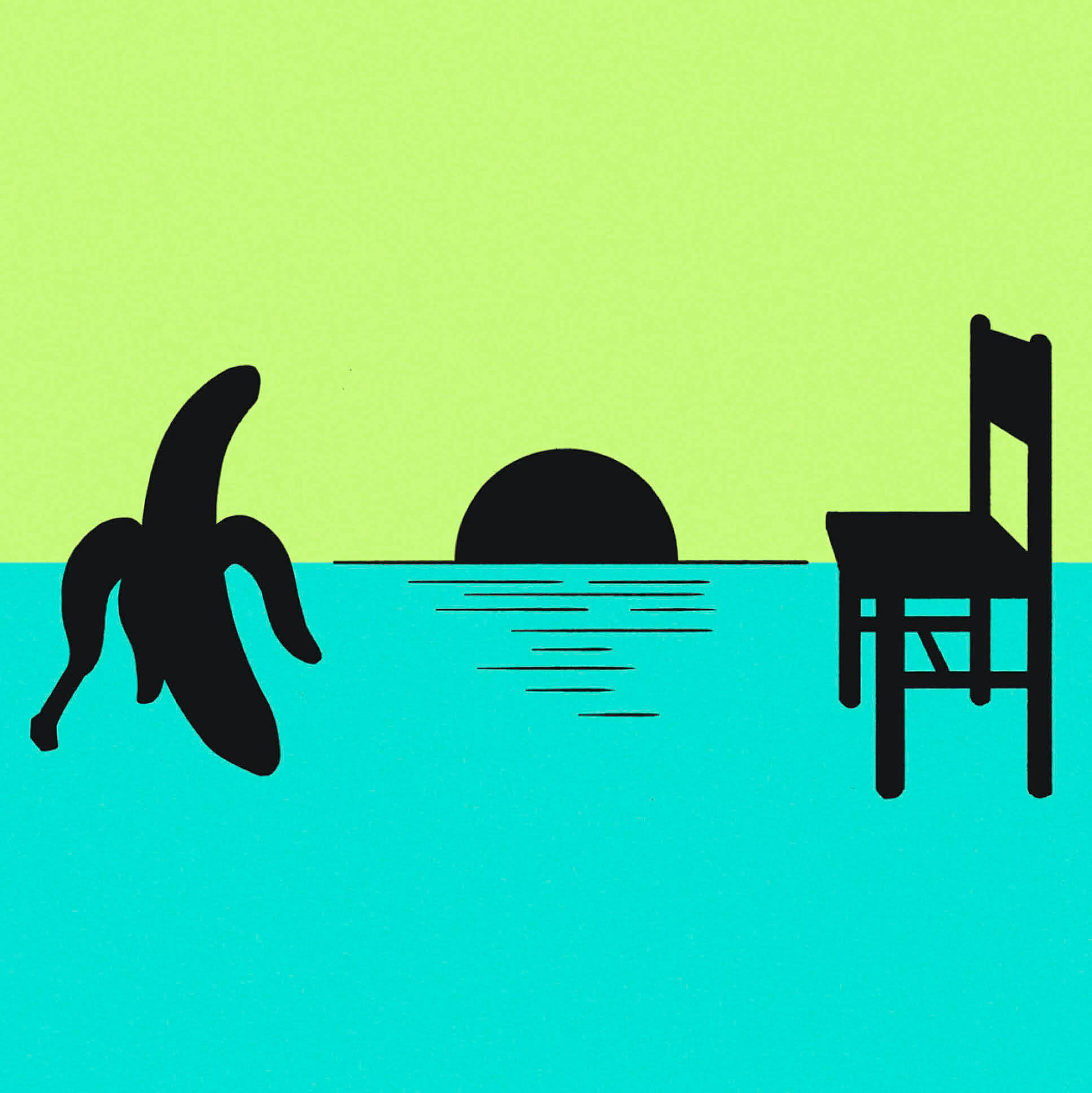 Illustration of a banana, a half circle shape and a chair on a background divided horizontally in half in light green at top and aqua blue at bottom