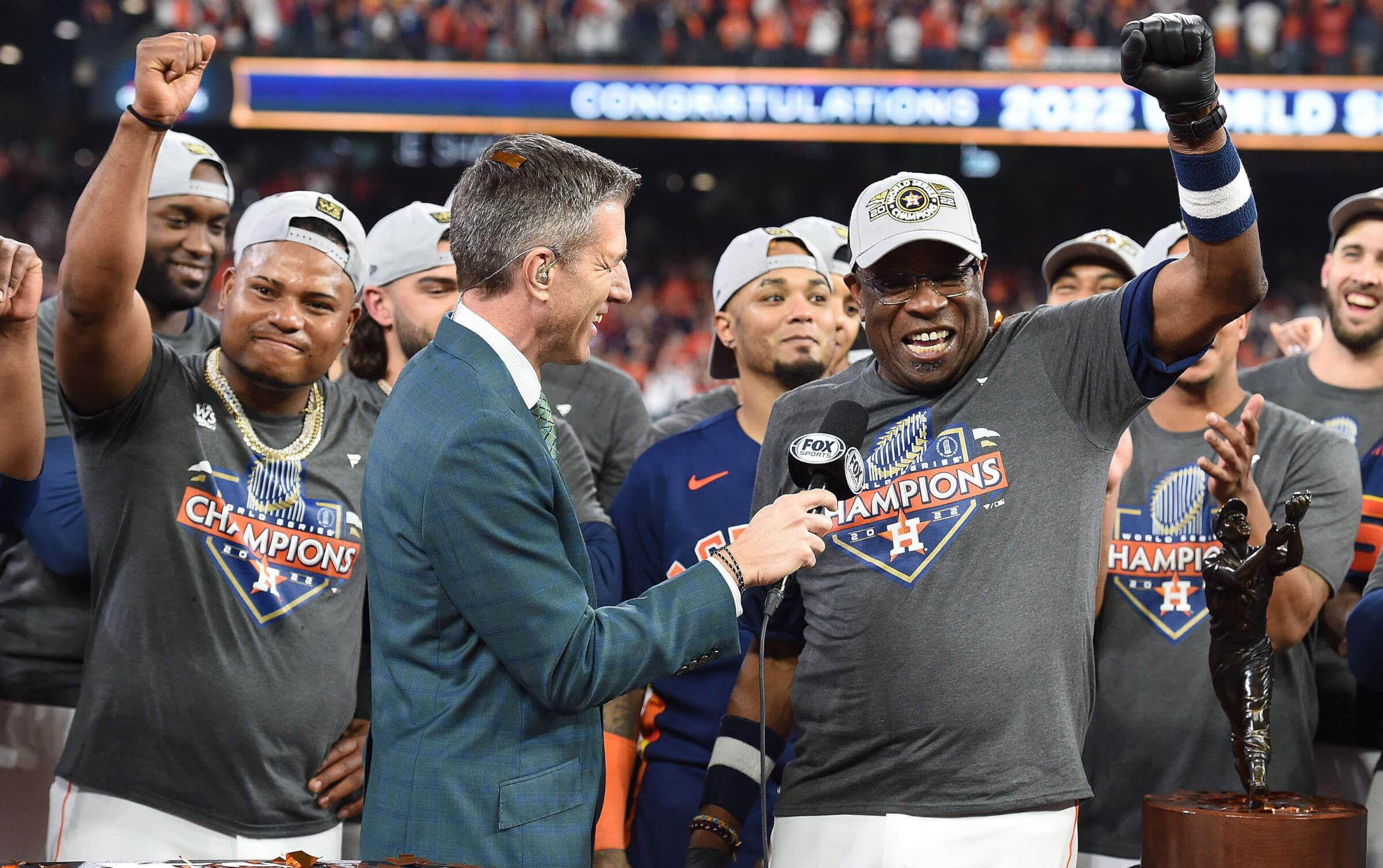 Photo of Dusty Baker celebrating the Houston Astros World Series championship win in 2022