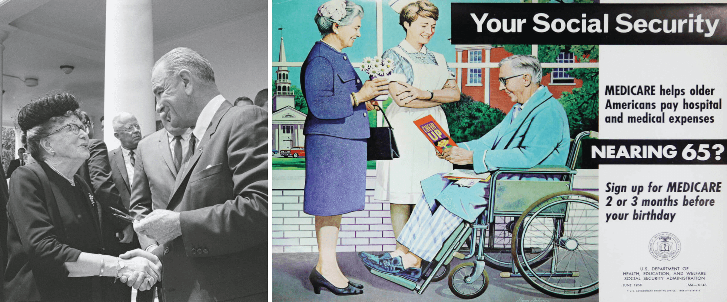 Side by side vintage photos of Ethel Percy Andrus with President Lyndon Johnson and an ad promoting Social Security and Medicare